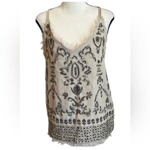 Boston Proper Linen Cotton Lurex Sequin Fringe Tank Small Festival Boho